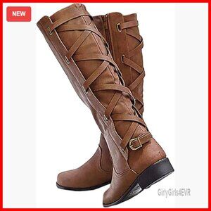 Women's Knee High Motorcycle Boots Lace Up Strappy Flat Heel Winter Riding